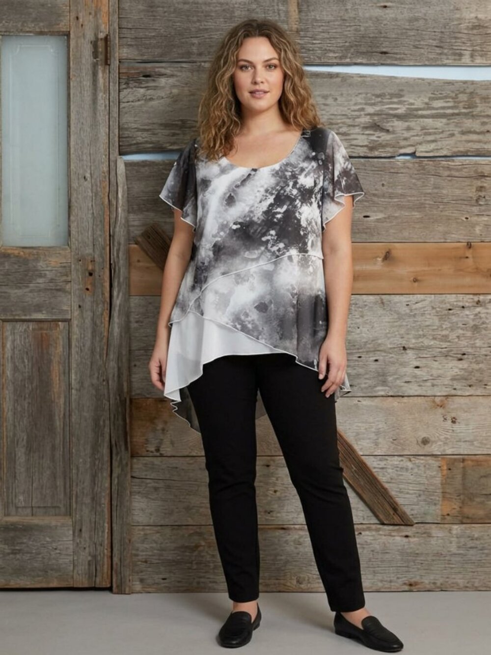 Layered Chiffon Print Women's Top - Grey & White Size Large